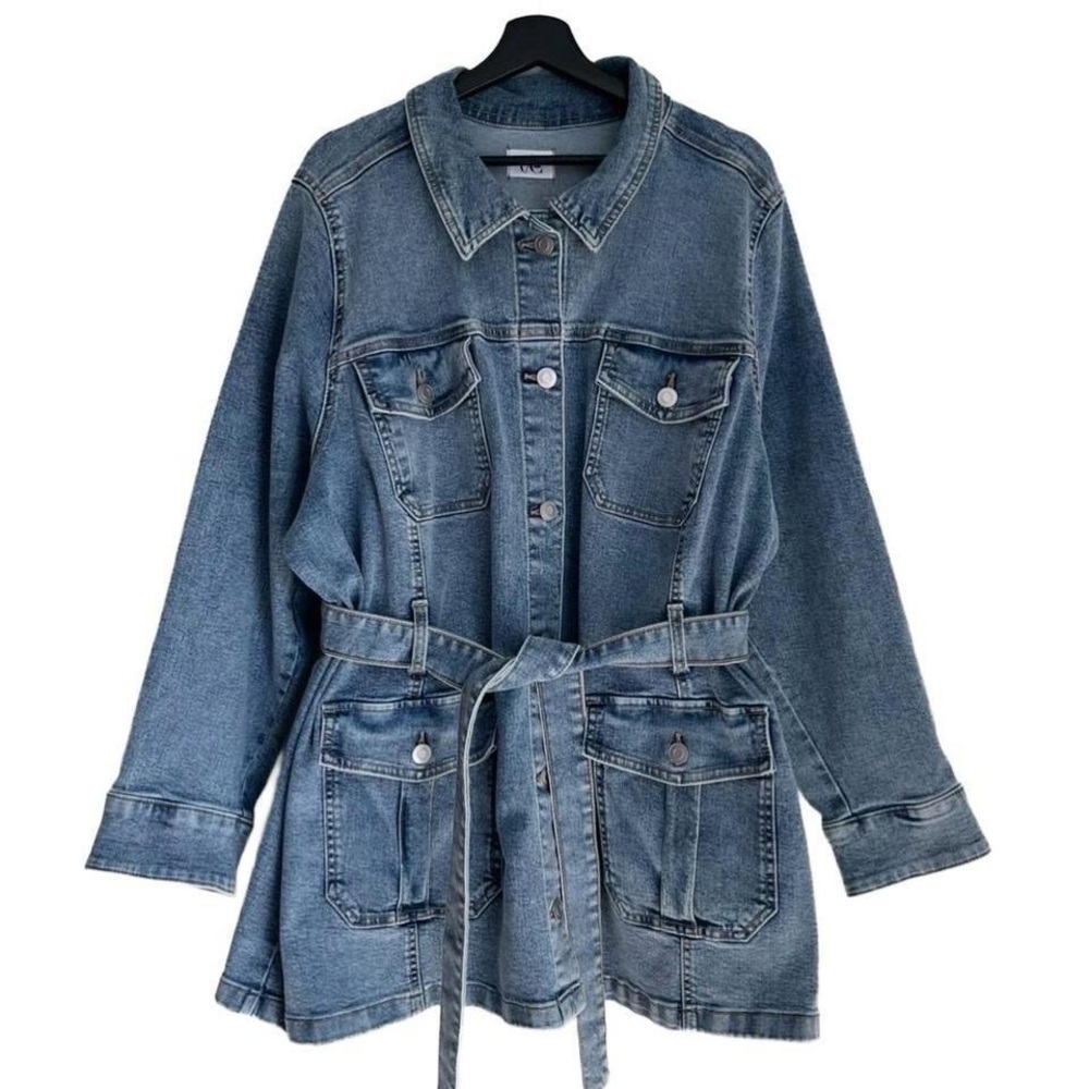 Penningtons Blue Jean Trench Coat Jacket with Belt & Pockets 1X 2X 3X Plus Size